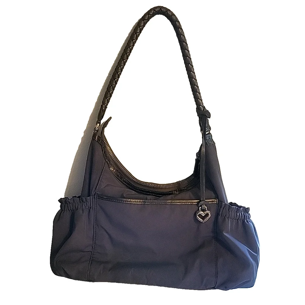 Vintage Brighton Gray Nylon Shoulder Bag Hobo Brown Leather Trim Braided Handle